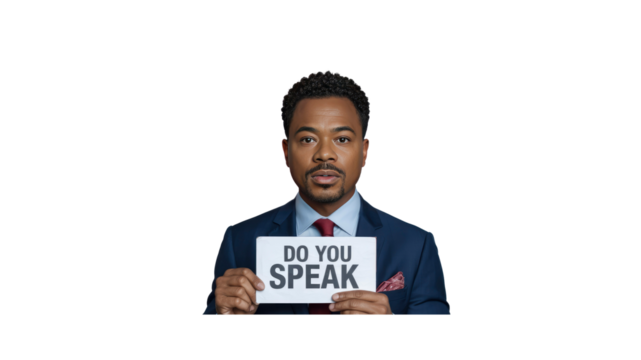 Confident Businessman Holding Sign Asking "Do You Speak?"