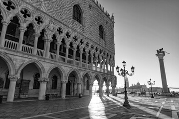 St Mark's Square (Piazza San Marco) at sunrise time, Venice, Italy (black & white)