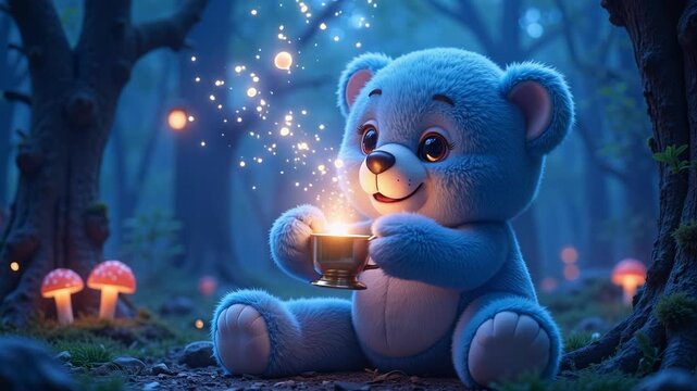 Cartoon Blue Teddy Bear Holding Glowing Magical Cup in Dreamy Forest &ndash; 4K Peaceful Fantasy Animation

