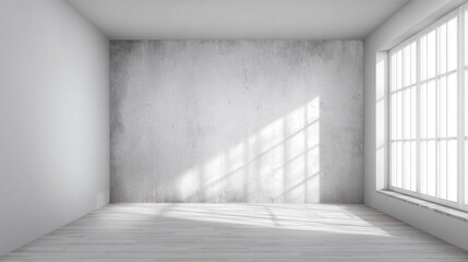 Fototapeta premium An empty room with a concrete wall and large windows lets sunlight pour in, creating a bright atmosphere suitable for creative projects or gatherings. The wooden floor adds warmth.