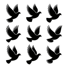 Nine black dove silhouettes in flight isolated on white background silhouette
