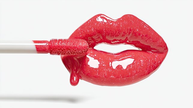 Close-up of luscious red lips being touched by a lip gloss applicator, with a single drop of gloss dripping down. - Powered by Adobe
