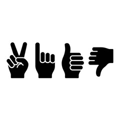 Obraz premium Four hand gestures including peace thumbs up thumbs down and pointing finger silhouette isolated on white background