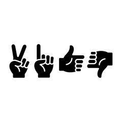 Obraz premium Collection of hand gestures including peace sign one finger and thumbs up or down silhouette isolated on white background