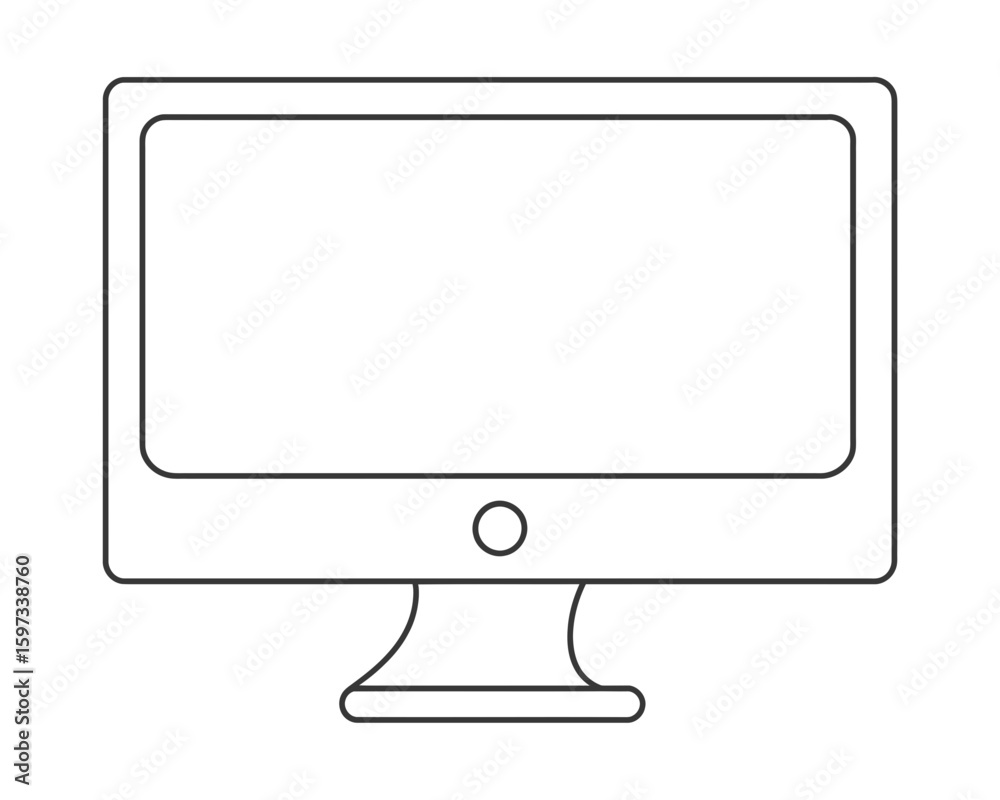 Fototapete simple outline of a computer monitor with a stand and power button isolated on white background silh