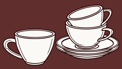 white hot tea ceramic cups in s line against dark red background vector illustration
