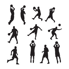 Collection of basketball player silhouettes in various poses isolated on white background