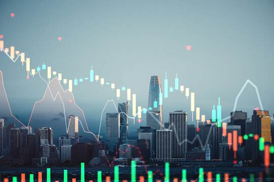 Real estate and financial market crash overlay on San Francisco city skyline with descending stock chart and economic impact concept..