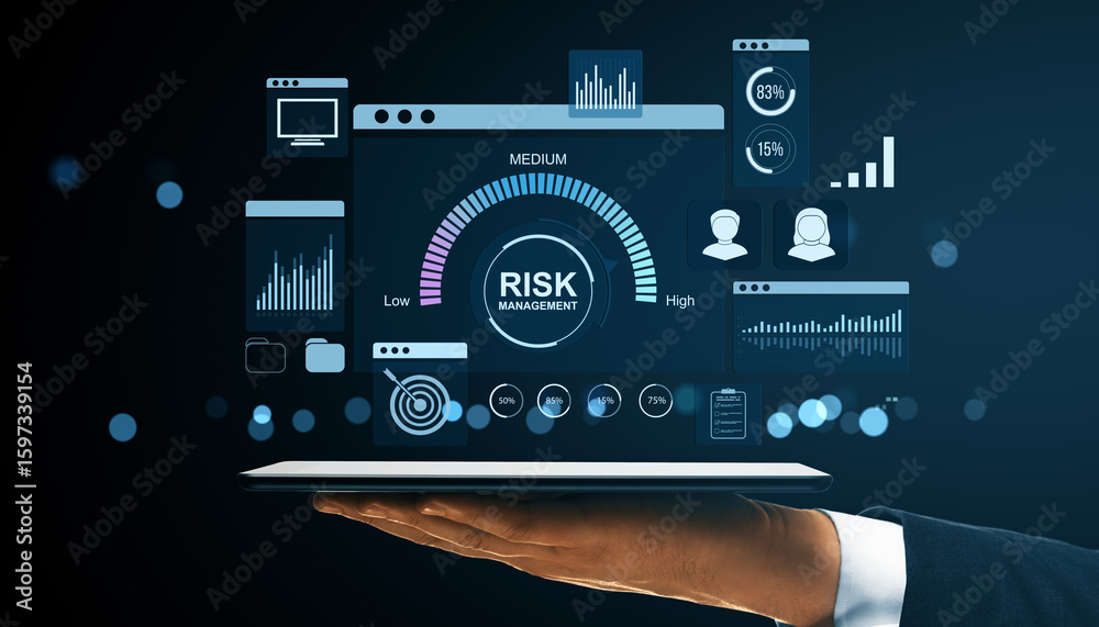 Poster digital interface showing risk management dashboard with financial data analysis and user icons on a