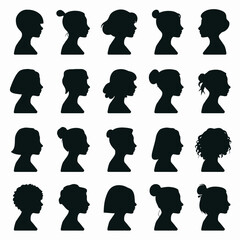 Collection of diverse female head silhouettes isolated on white background silhouette