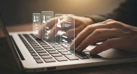 Person's hands typing on a laptop keyboard with virtual transparent screens displaying user profiles and checklist data
