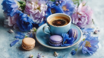Fototapeta premium A soft blue cup filled with dark coffee sits on a plate, accompanied by lavender and beige macarons. Surrounding the cup are vibrant blue and purple flowers, creating a calm atmosphere.