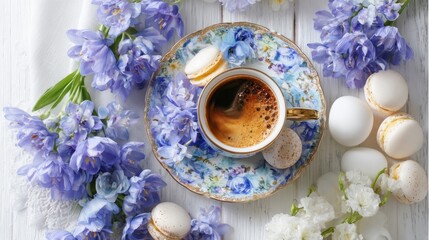 A beautifully arranged cup of coffee rests on a floral plate, accompanied by sweet pastries. Purple flowers add a touch of elegance, creating a cozy ambiance perfect for downtime.