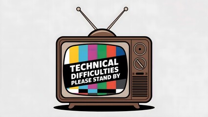 Retro television with color test screen and technical difficulties banner cartoon illustration