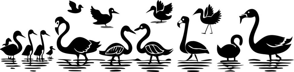 Obraz premium Silhouette illustration of various swan and duck species swimming in a line on the water surface | editable eps vectors