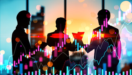 Businesspeople analyzing financial data with digital stock market charts in a modern office at sunset using double exposure effect.