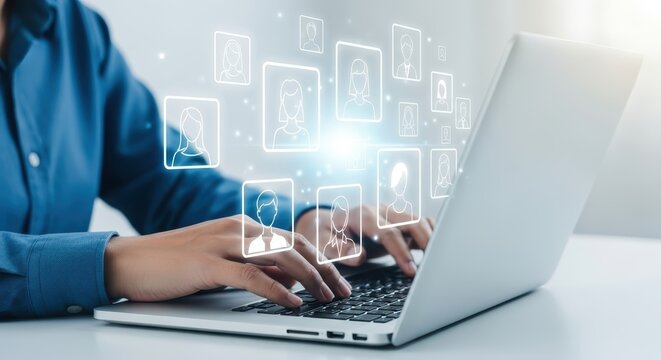 Person working on a laptop displays a network of profile icons with glowing connections visualizing digital connections and team building