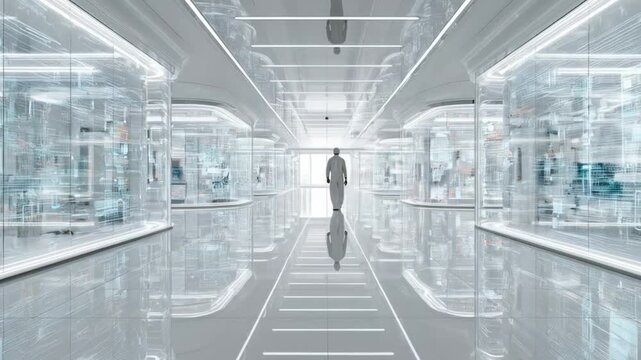 Futuristic, sterile hallway with transparent displays