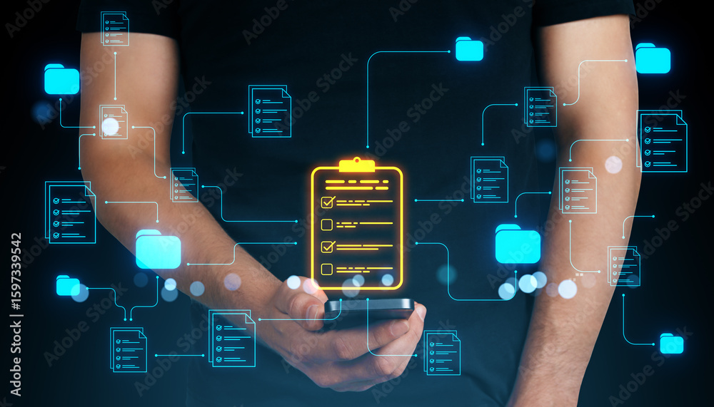 Poster digital document management system with glowing file and checklist icons connected to smartphone int