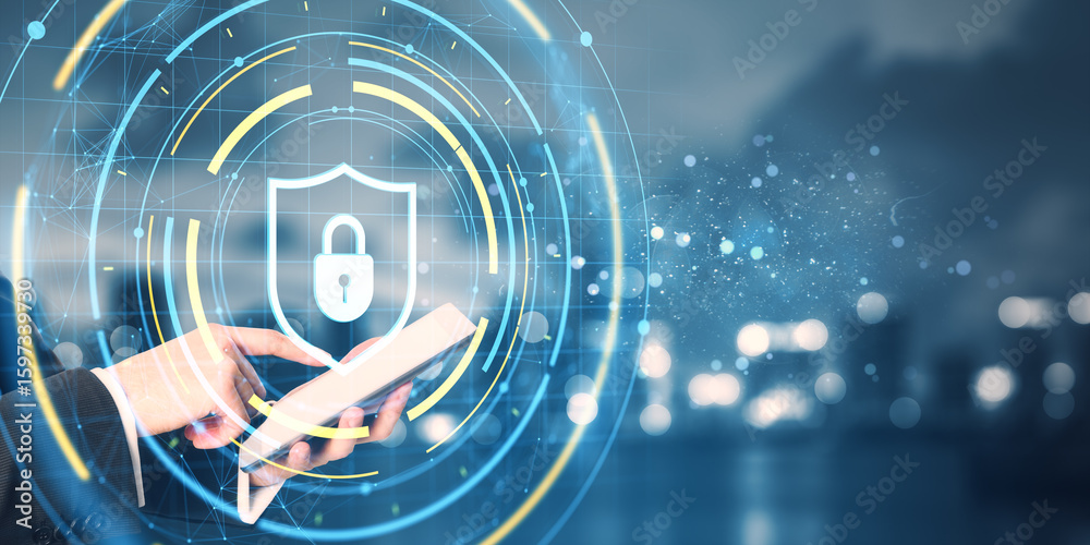 Poster cybersecurity padlock shield hologram interface with businessman using tablet device on futuristic d