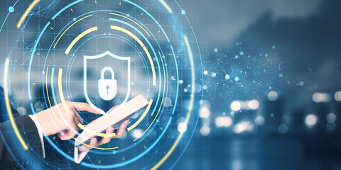 Cybersecurity padlock shield hologram interface with businessman using tablet device on futuristic digital network background for data protection.