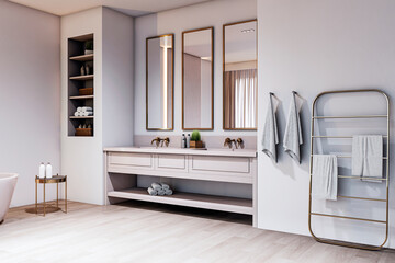 Fototapeta premium Modern elegant bathroom interior with double sink vanity, mirrors, towel rack and shelving, featuring minimalist luxurious design elements. 3D Rendering