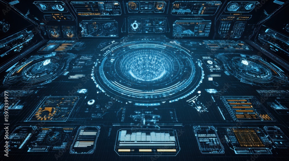 Poster a control center equipped with multiple screens and data visualizations showcases advanced technolog