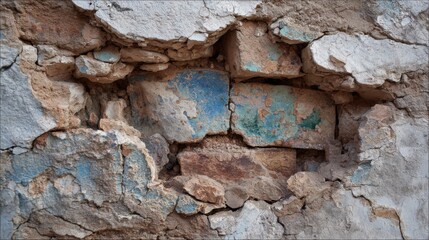 Fototapeta premium Deteriorating wall shows layers of peeling paint and exposed bricks. Sunlight highlights the textures and colors in this rustic, forgotten setting, evoking a sense of history.