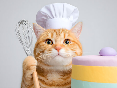 Funny Cat Chef with Whisk and Cake