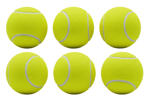 Six bright yellow tennis balls with grey seams meticulously arranged in two rows of three from varied angles on a pristine, stark white seamless cyclorama with uniform, shadowless lighting, concept