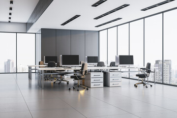 Modern empty corporate office interior with panoramic city view, minimalist workstations, large windows, and contemporary furniture setup. 3D Rendering