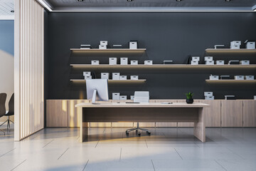 Modern executive office interior with minimalist wooden desk, shelves, and stylish decor in a clean spacious workspace environment.. 3D Rendering