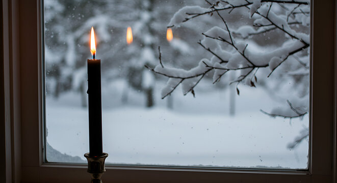 Candlelit window view of a snow-covered winter landscape brings warmth indoors