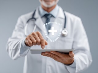 Professional Healthcare Data Breach Prevention with Doctor Using Tablet and Cyber Shield Overlay, Modern Secure Medical Records for Digital Safety Campaigns