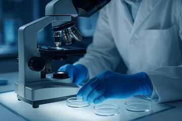 A laboratory technician makes microscopic bacteriological examination with the reagents. Work in microlaboratories
