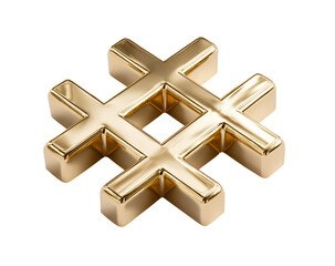 Obraz premium Golden Metallic Hashtag Symbol Floating with Soft Shadows, Angled Top-Down View, Transparent Background