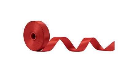 Red Satin Ribbon Roll and Unrolled Section on Transparent Background
