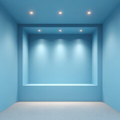 The interior features a bright blue wall with recessed lighting, creating a serene atmosphere. The spacious design allows for versatile use, making it suitable for various activities.