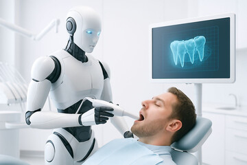 Modern Dentistry: Robotic Assistant Examining Patient's Teeth with Digital X-Ray