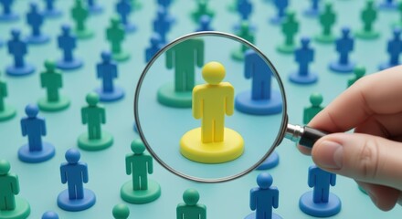 A hand holds a magnifying glass over a unique yellow figure among a crowd of blue and green figures Analysis