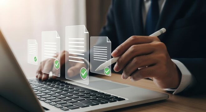 A person in a dark suit uses a stylus on a laptop screen displaying digital documents with green checkmarks symbolizing approval or task completion