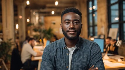 Confident professional: A charismatic man, radiating confidence, sits at a co-working office. He exudes a sense of assurance as he gazes directly into the camera. It portrays a professional.