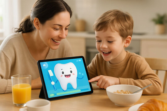 Happy Mother and Son Learning About Dental Hygiene on Tablet