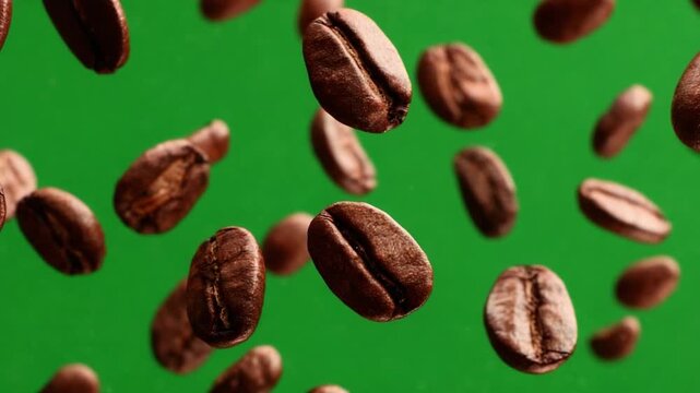 Coffee Bean Cascade: A captivating arrangement of roasted coffee beans float against a vivid background, exuding freshness and the essence of morning rituals.