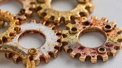Industrial gears mechanism in brass and copper tones