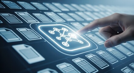 Finger interacting with a glowing network diagram on a digital interface surrounded by document icons