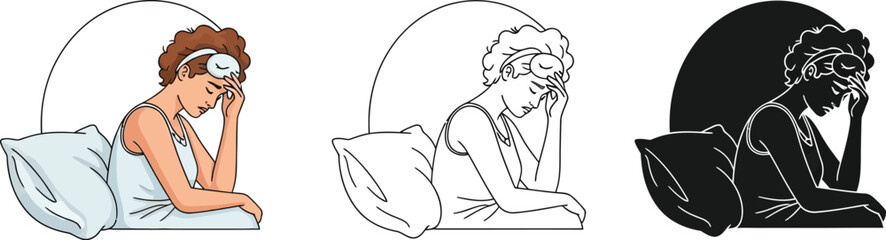 Woman with headache insomnia and sleep deprivation illustration for health and wellness content editable