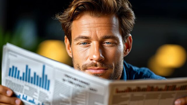 Man Engaged in Financial News Reading, Analyzing Data and Graphs in Modern Indoor Setting with Focused Expression on Market Trends