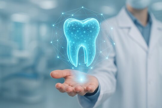A dentist holds a glowing, virtual tooth hologram in a high-tech environment. Dental technology concept