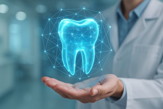 A dentist holds a glowing, virtual tooth hologram in a high-tech environment. Dental technology concept - Powered by Adobe
